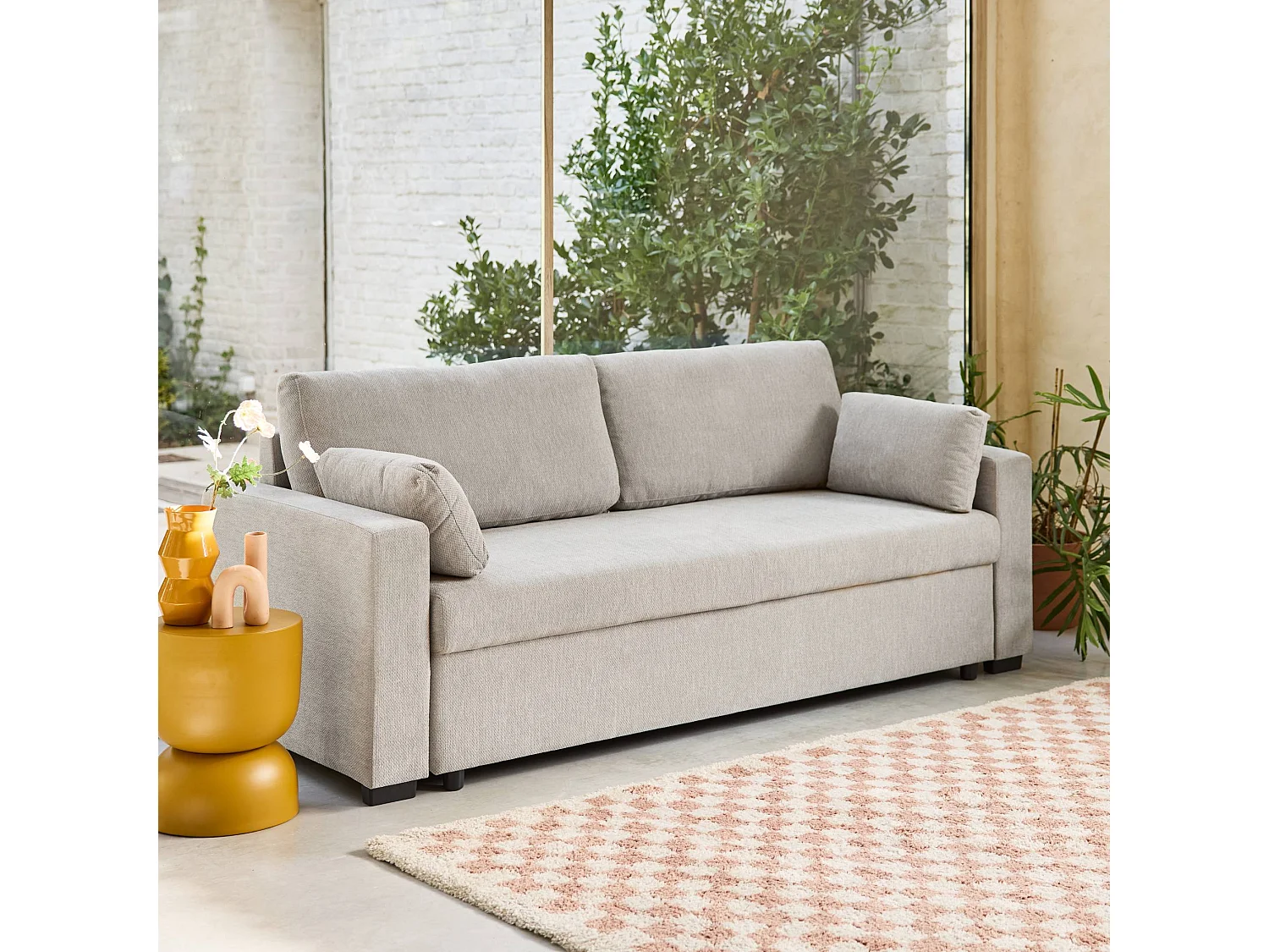 Divano letto in tessuto ciniglia, 3 posti, grigio chiaro