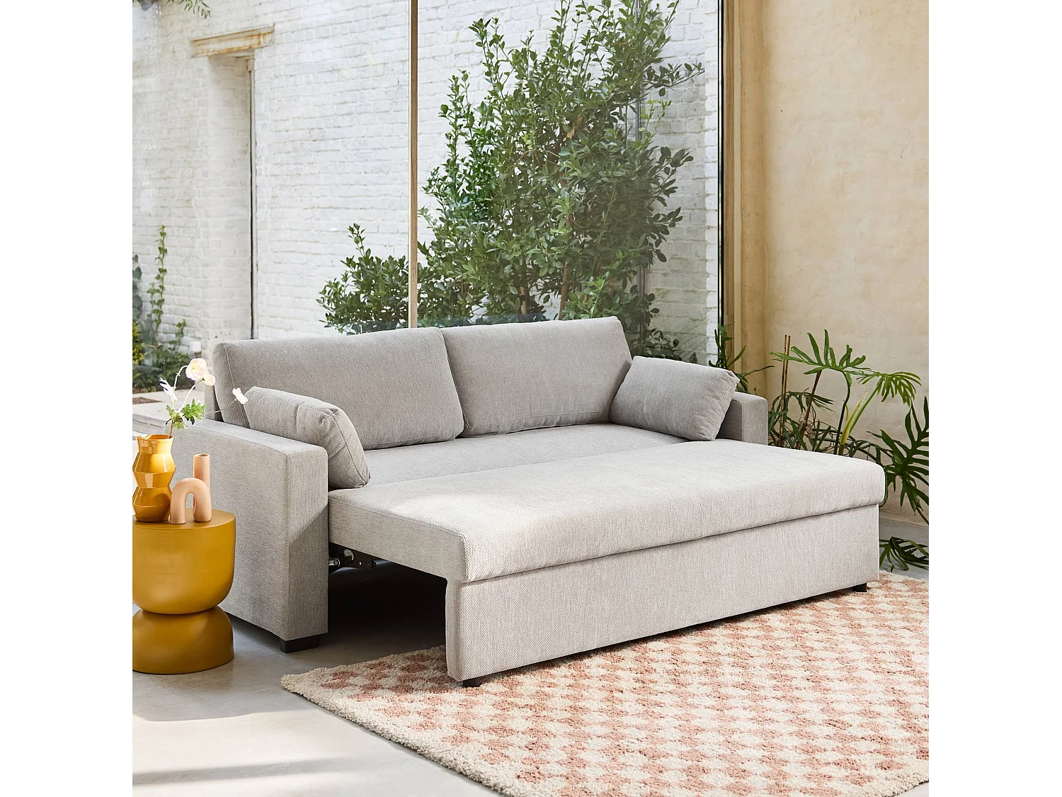 Divano letto in tessuto ciniglia, 3 posti, grigio chiaro