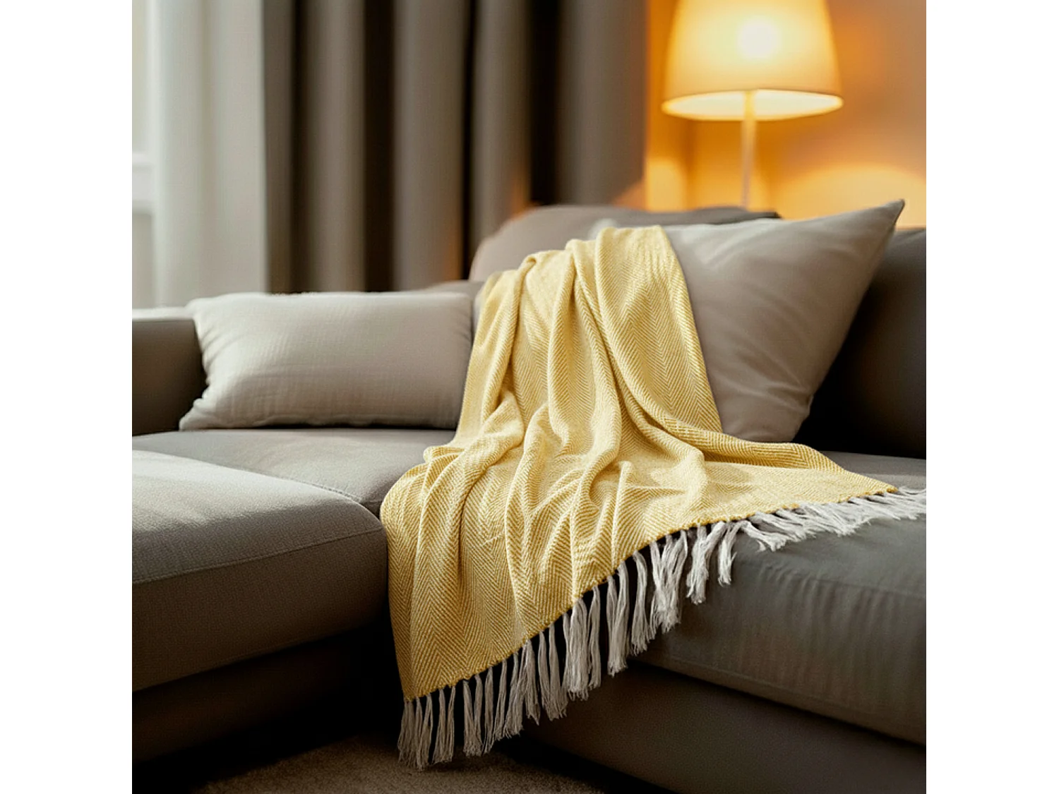Couverture plaid 100% coton jaune avec franges 180x220cm ZIGORA - SACASA