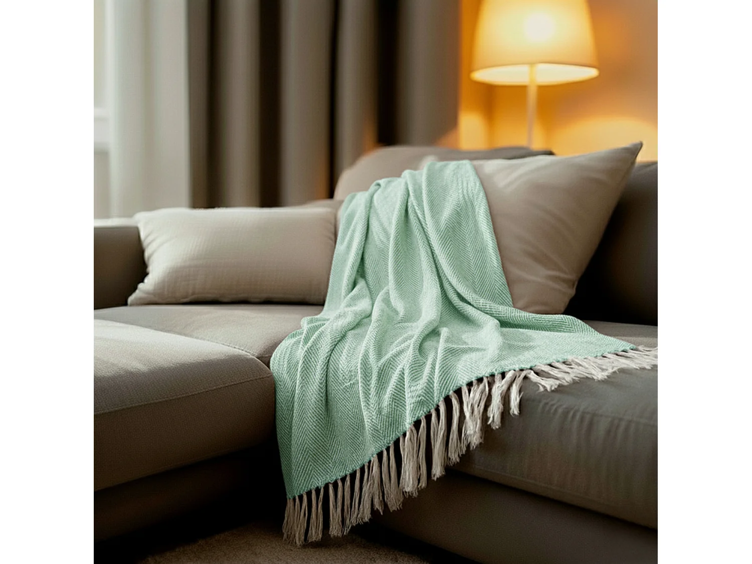 Couverture plaid 100% coton bleu turquoise avec franges 180x220cm ZIGORA - SACASA