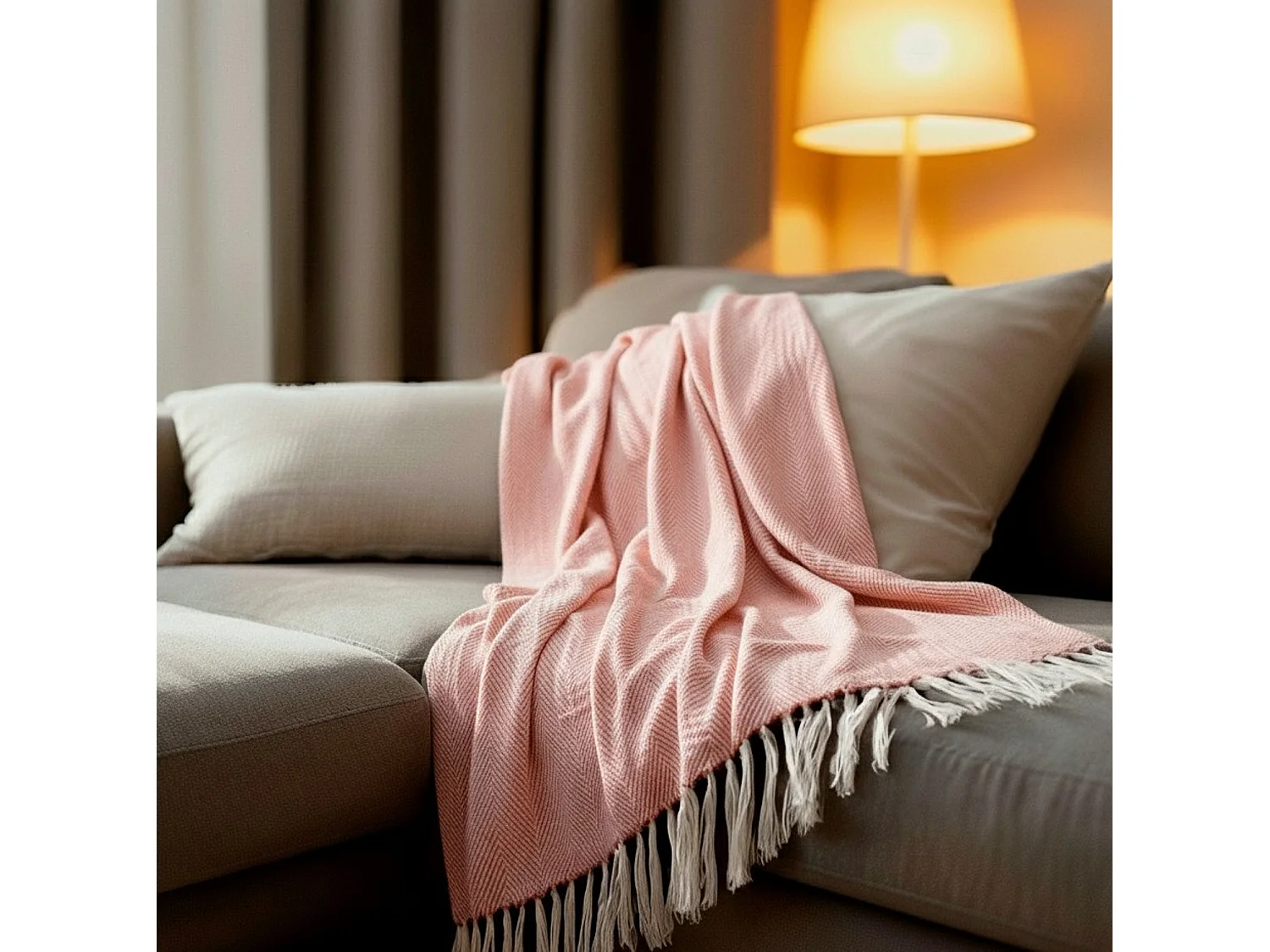 Couverture plaid 100% coton rose saumon avec franges 180x220cm ZIGORA - SACASA