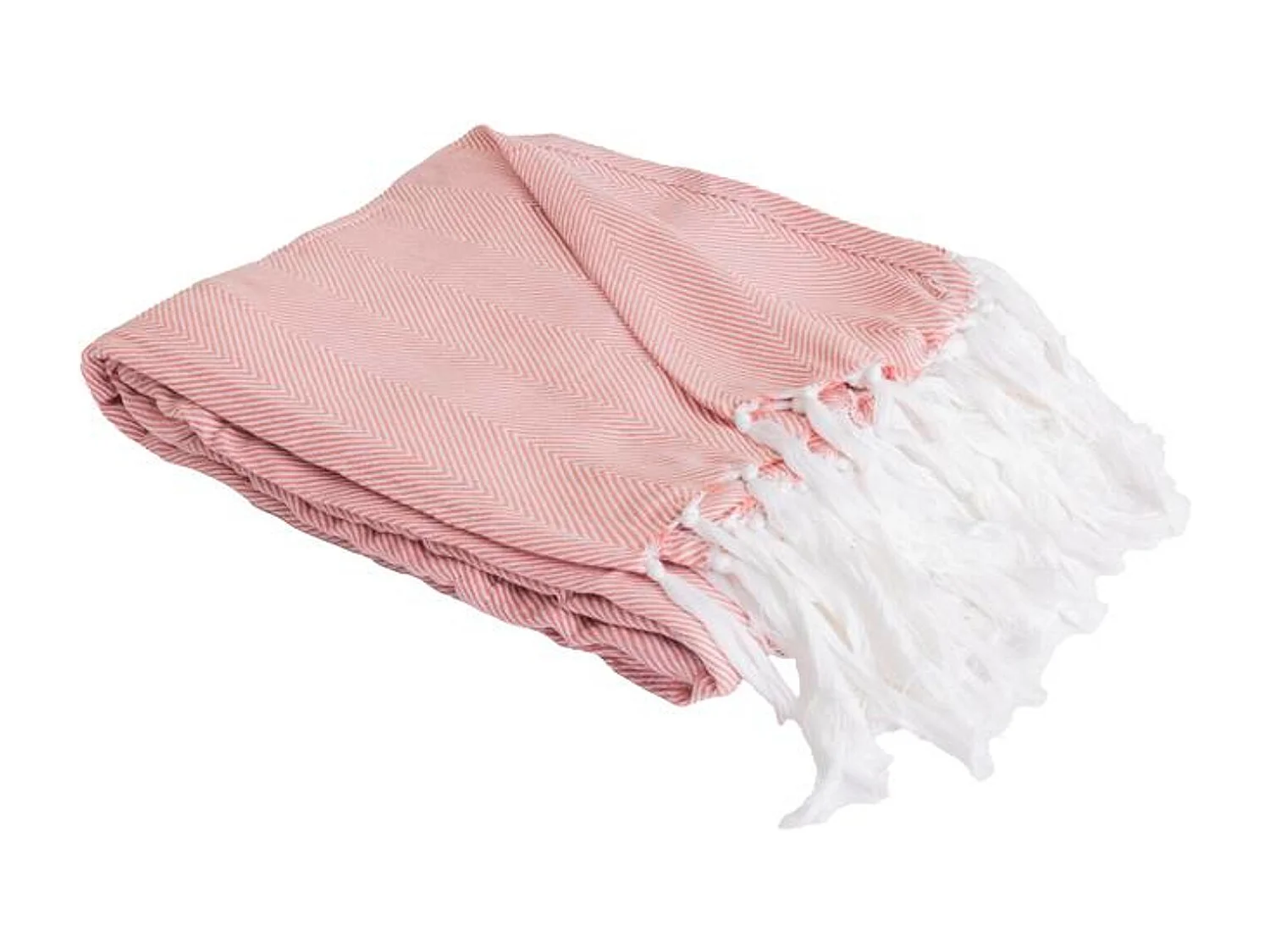 Couverture plaid 100% coton rose saumon avec franges 180x220cm ZIGORA - SACASA