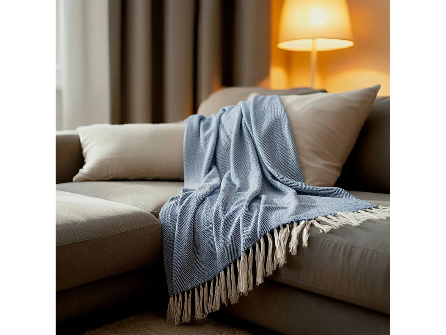 Couverture plaid 100% coton bleu marine avec franges 180x220cm ZIGORA - SACASA