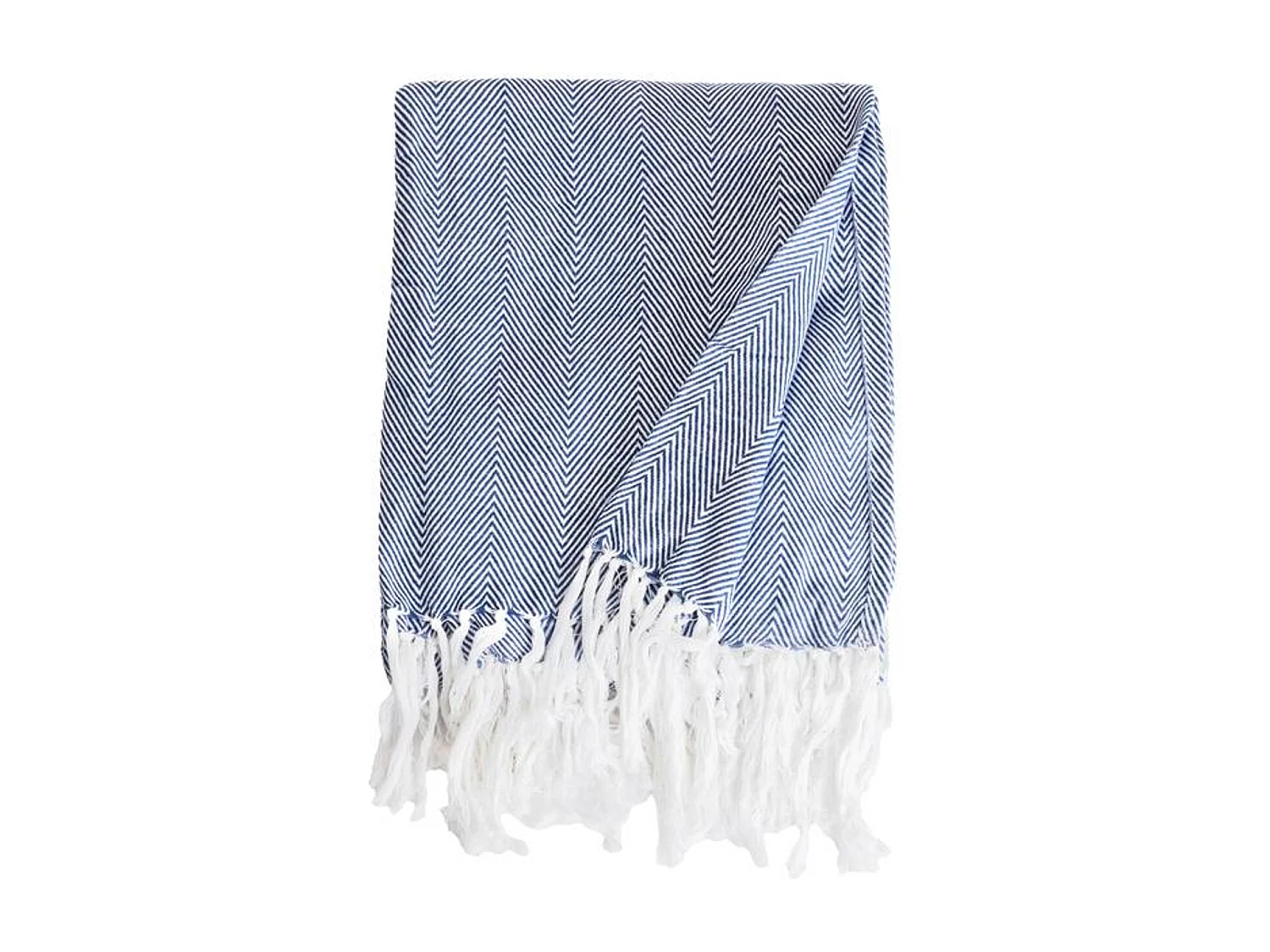 Couverture plaid 100% coton bleu marine avec franges 180x220cm ZIGORA - SACASA