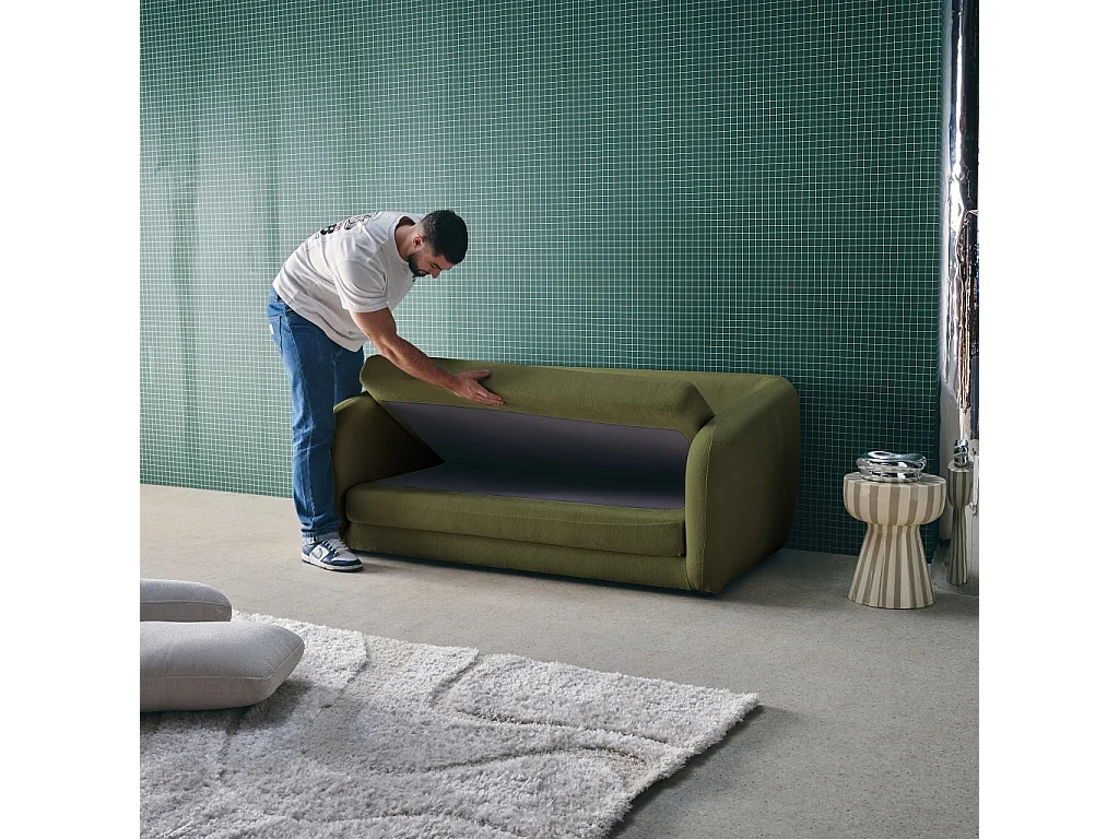 Canapé convertible 2 places tissu chenille kaki - L 170 x P 95 x H 76cm - Twist