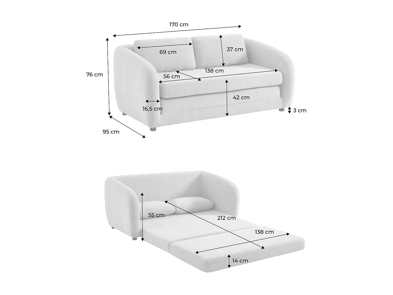 Sofá cama convertible con tejido chenilla, 2 plazas blanco