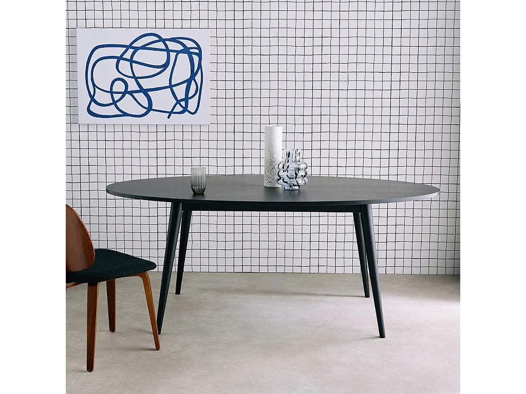Table à manger ovale bois d'hévéa et placage chêne 6 places noir - L 190 x l 100 x H 75 cm - Diane