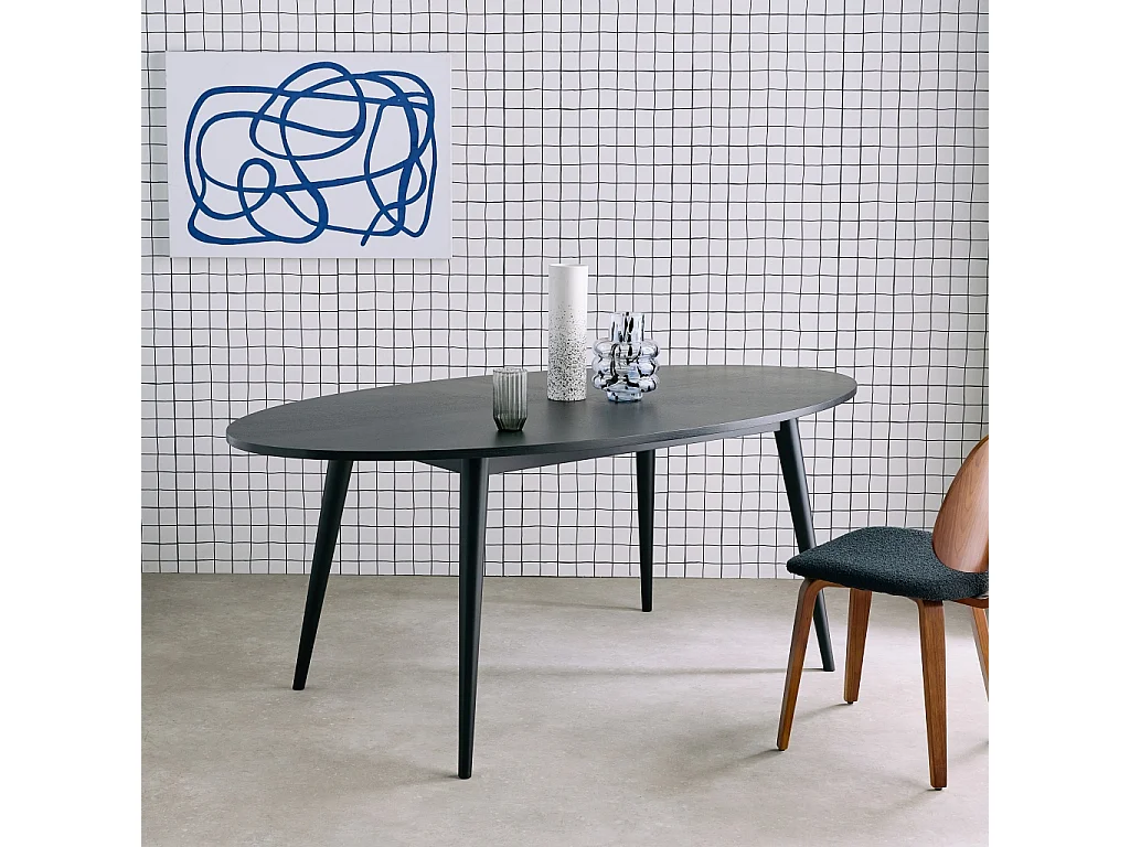 Table à manger ovale bois d'hévéa et placage chêne 6 places noir - L 190 x l 100 x H 75 cm - Diane