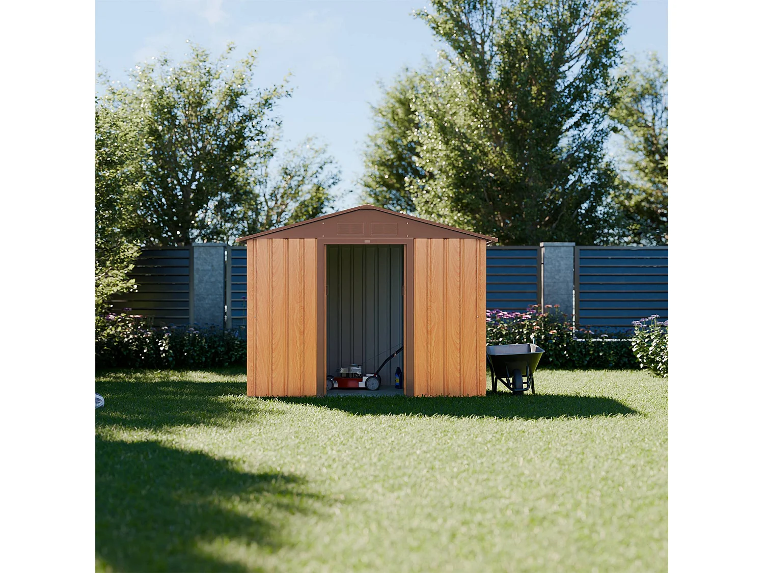 Abri de jardin en métal - Houtland. 2.71 m² chêne - Cabane à outils avec double portes coulissantes. kit de fixation sol inclus. L 213 x P 131 x H 185cm