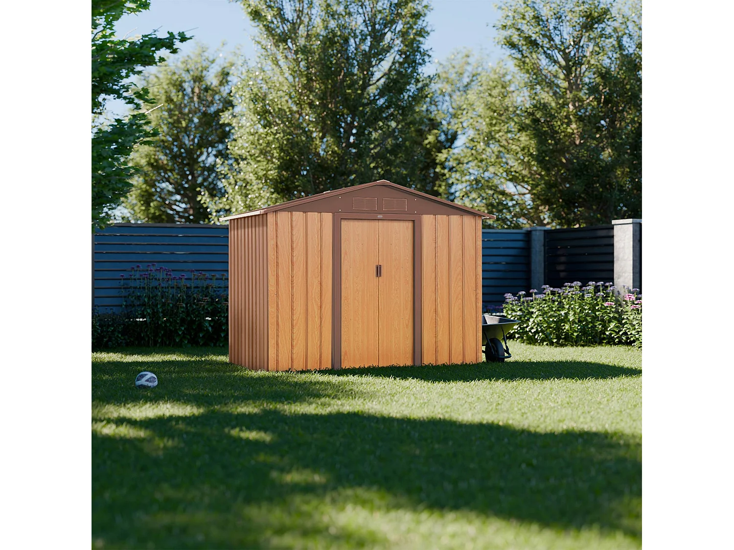 Abri de jardin en métal - Houtland. 2.71 m² chêne - Cabane à outils avec double portes coulissantes. kit de fixation sol inclus. L 213 x P 131 x H 185cm