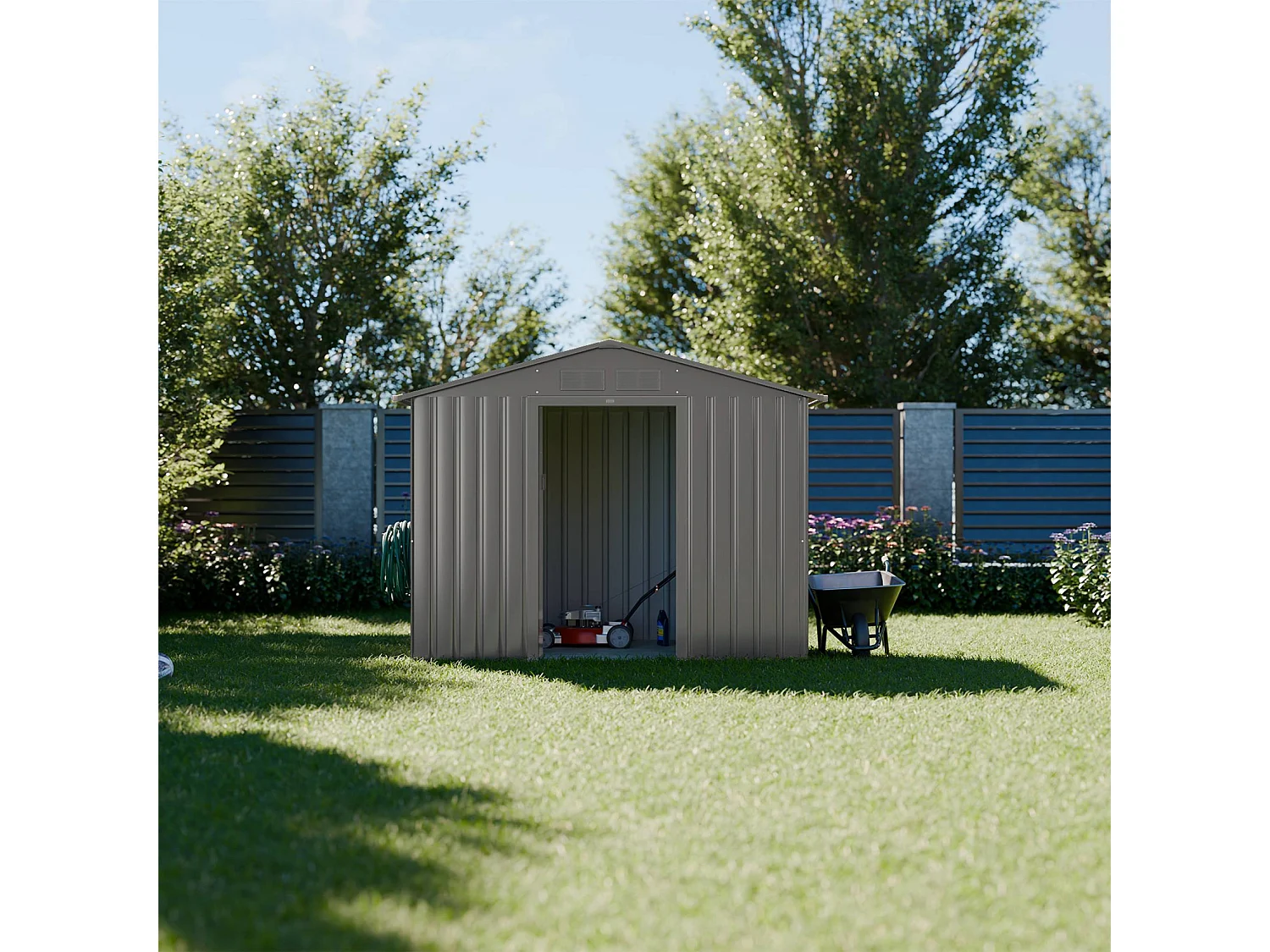 Abri de jardin en métal - Houtland. 2.71 m² taupe - Cabane à outils avec double portes coulissantes. kit de fixation sol inclus. L 213 x P 131 x H 185cm