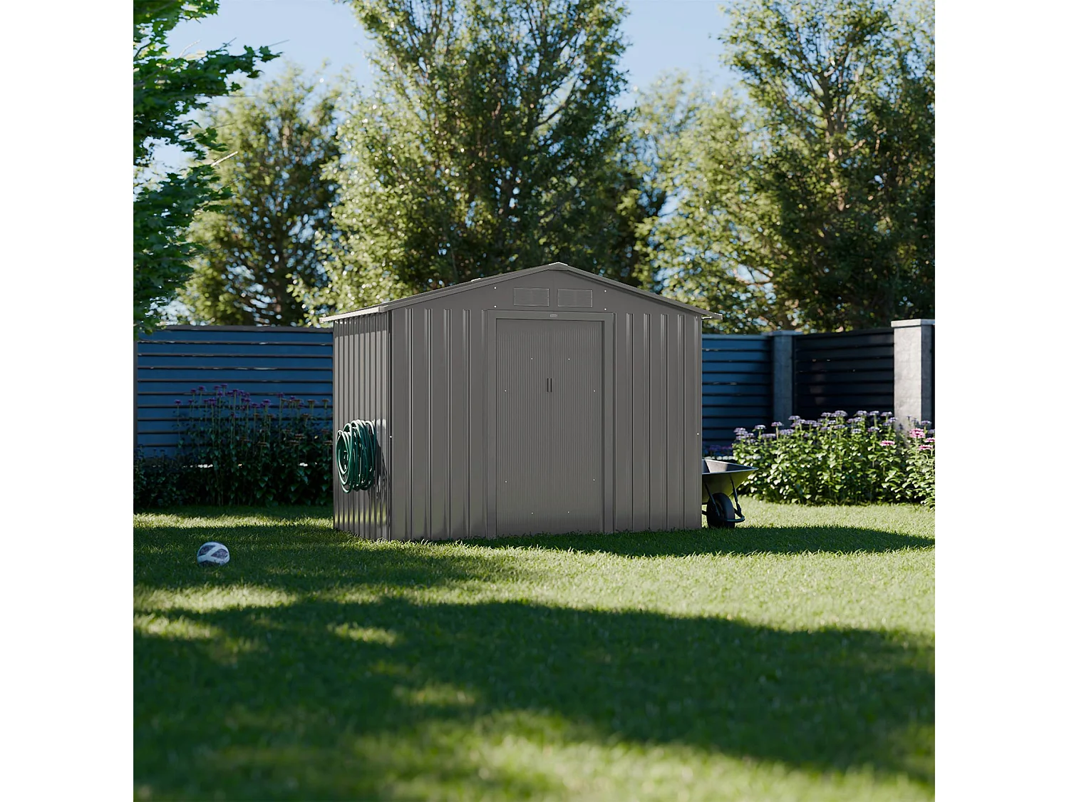 Abri de jardin en métal - Houtland. 2.71 m² taupe - Cabane à outils avec double portes coulissantes. kit de fixation sol inclus. L 213 x P 131 x H 185cm