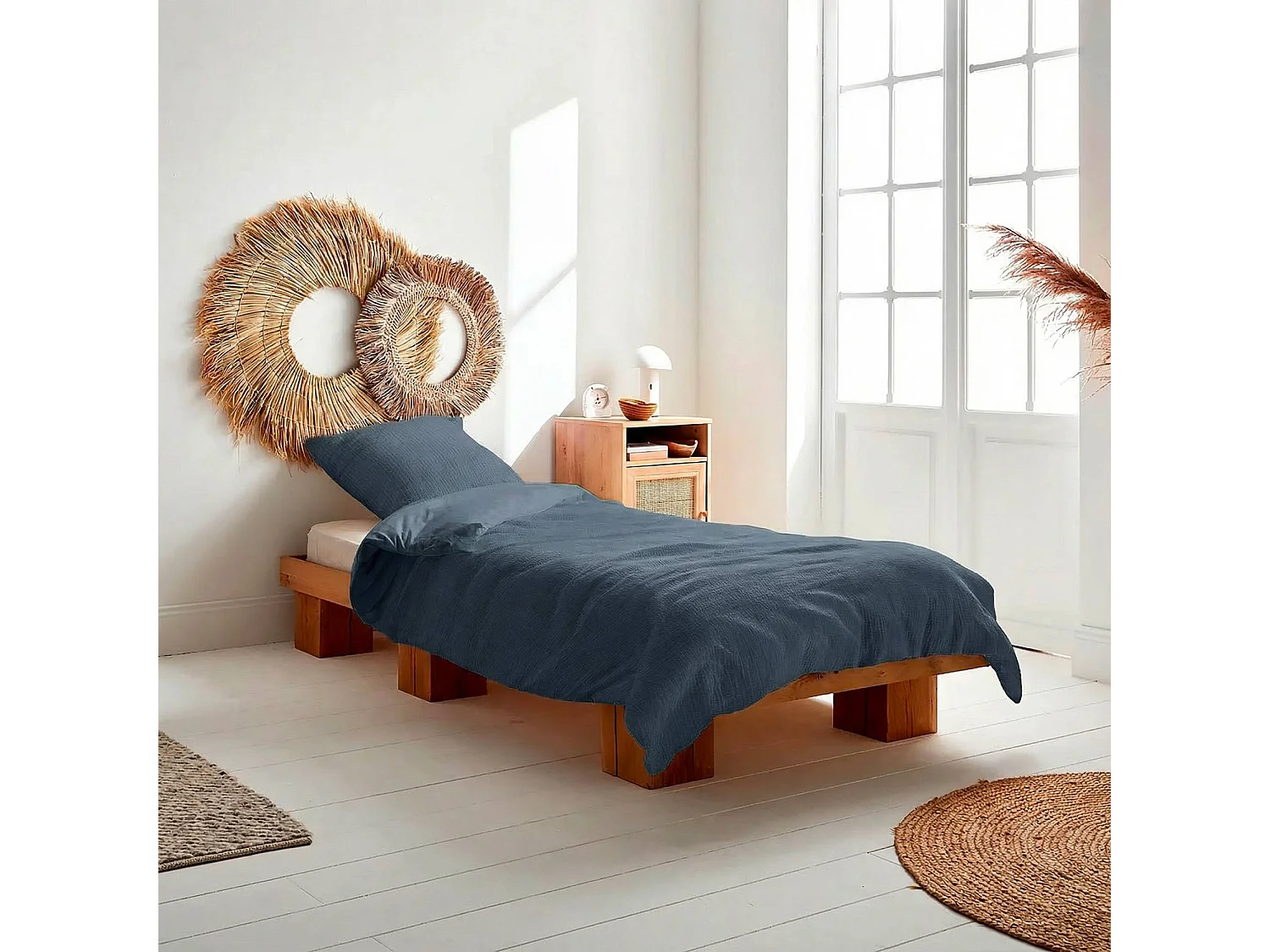 Parure de lit gaze de coton bleu foncé 140x200cm - Alix