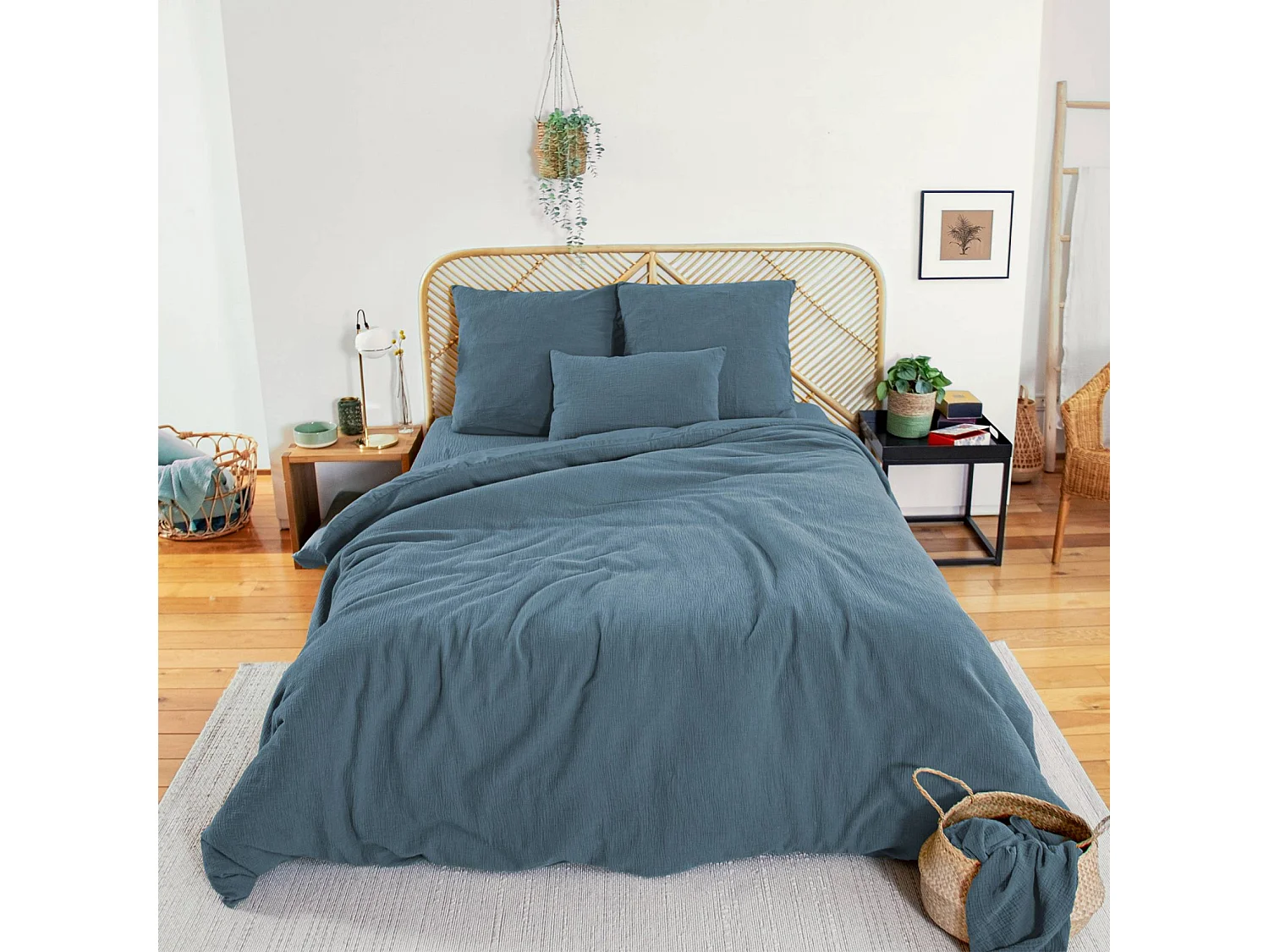 Parure de lit gaze de coton bleu foncé 240x220cm - Alix