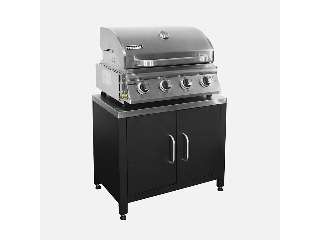 Barbacoa de gas de 4 quemadores de mesa + cocina exterior de acero,