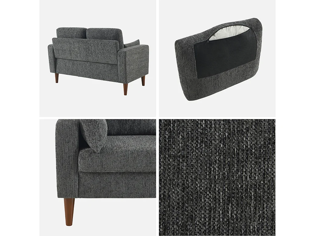 Divano in legno di hevea e ciniglia, 2 posti, grigio scuro