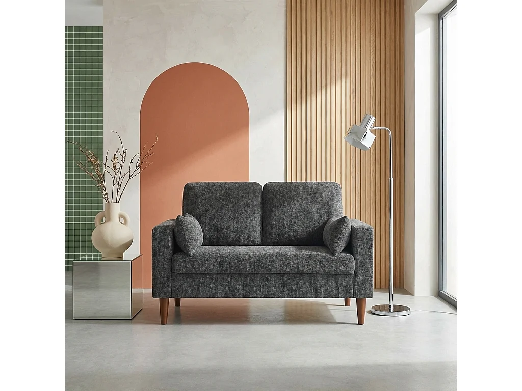 Divano in legno di hevea e ciniglia, 2 posti, grigio scuro