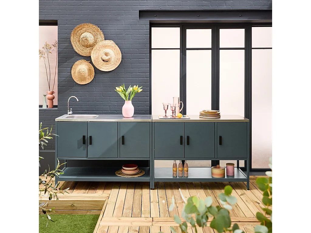 Cuisine extérieure 2 modules en acier inoxydable bleu gris