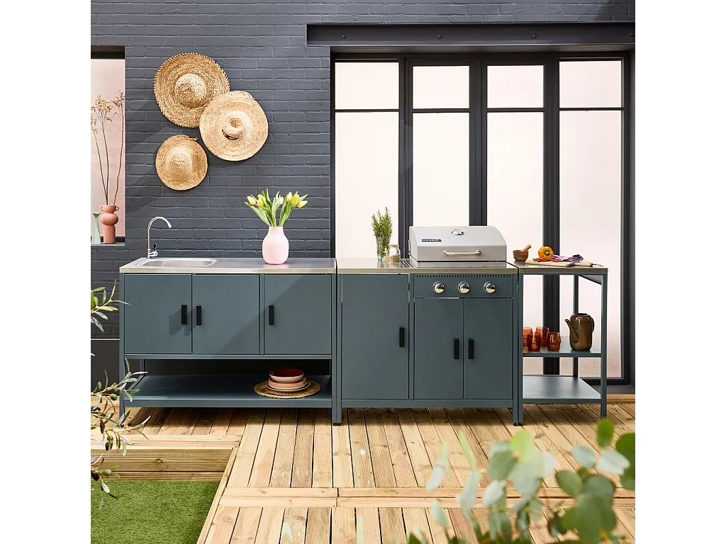 Cocina exterior 3 módulos de acero inoxidable con barbacoa gas azul