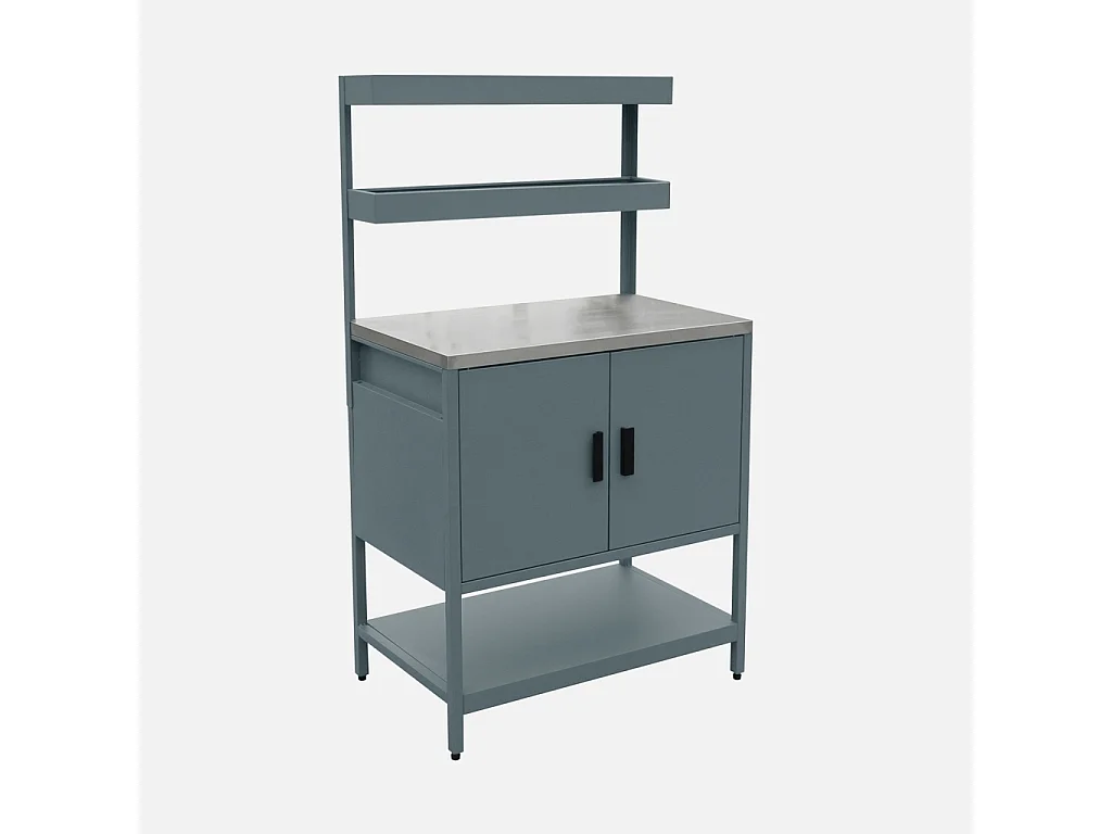 Cuisine d'extérieure en acier bleu gris avec 2 étagères suspendues et 2 portes L80cm