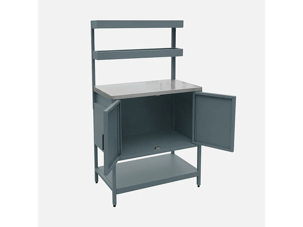 Cuisine d'extérieure en acier bleu gris avec 2 étagères suspendues et 2 portes L80cm