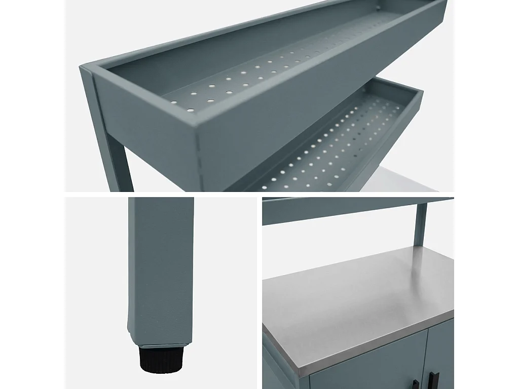 Cuisine d'extérieure en acier bleu gris avec 2 étagères suspendues et 2 portes L80cm