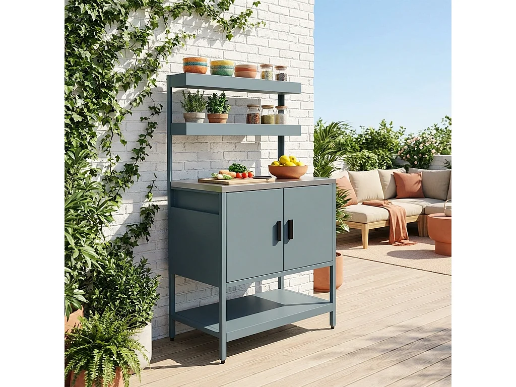 Modulo cucina da esterno in acciaio con 2 ripiani sospesi e 2 ante,