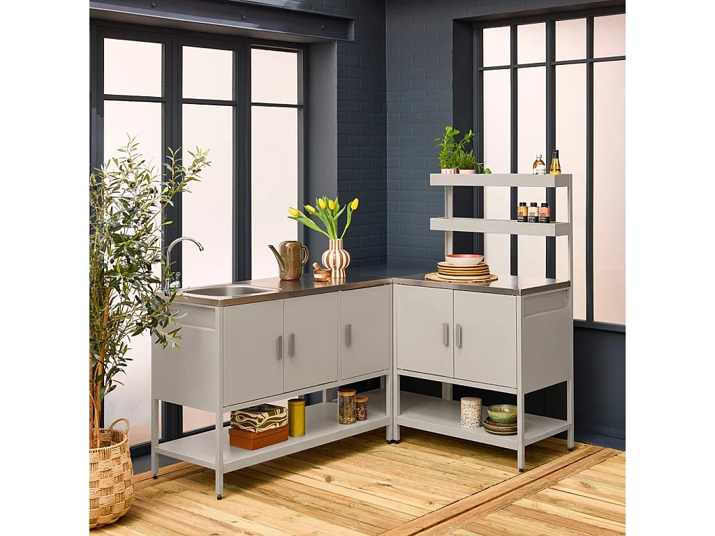 Cocina exterior de 3 módulos de acero inoxidable beige