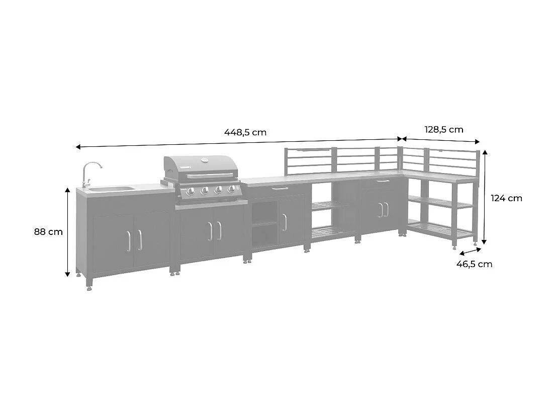 Ensemble de meubles de cuisine extérieure en acier inoxydable 7 modules avec barbecue au gaz 4 brûleurs
