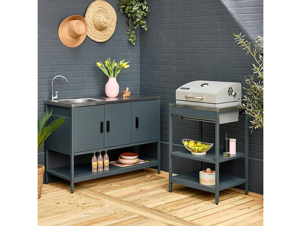 Cocina exterior 2 módulos acero inoxidable con barbacoa de carbón azul