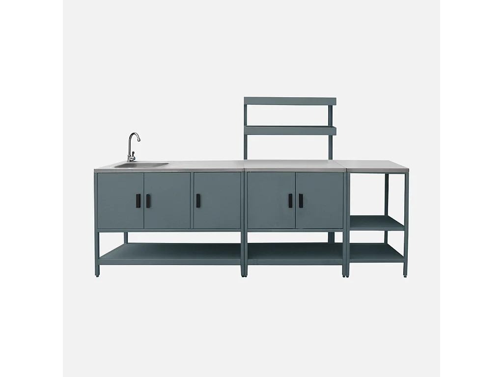 Cocina exterior de 3 módulos de acero inoxidable azul gris