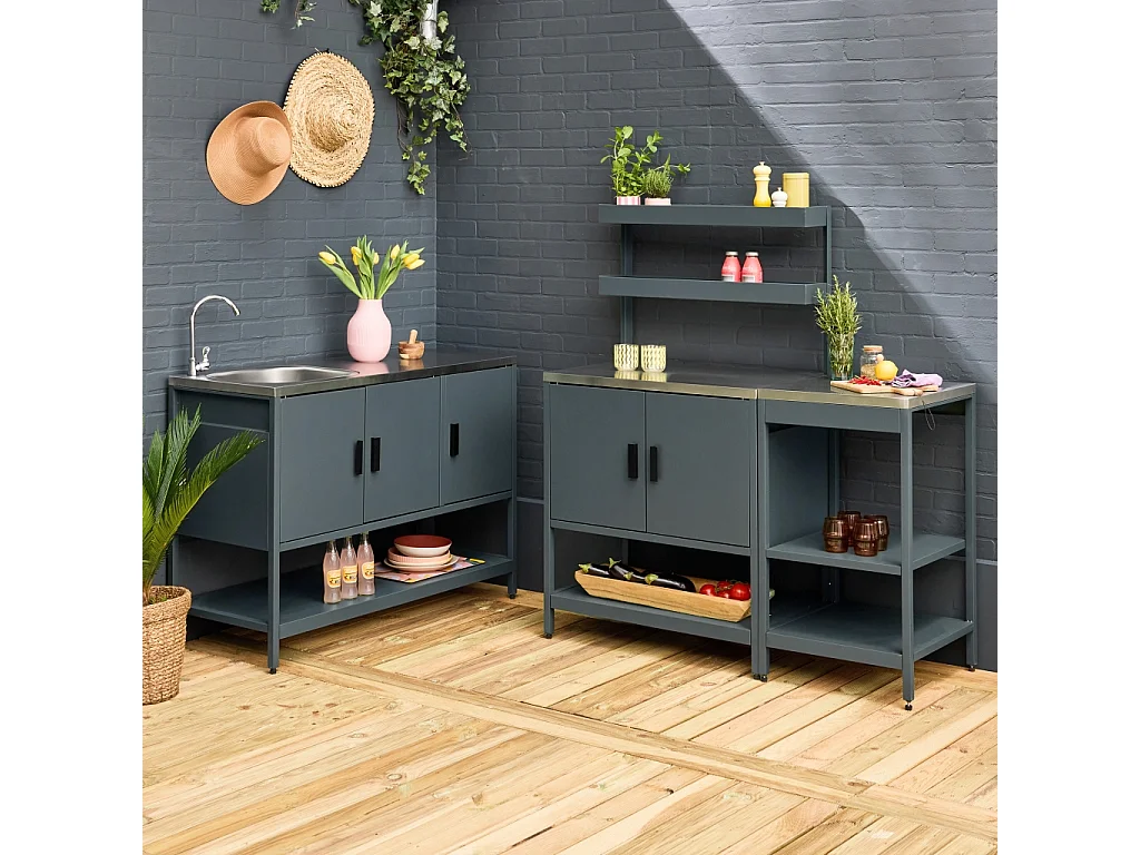 Cocina exterior de 3 módulos de acero inoxidable azul gris