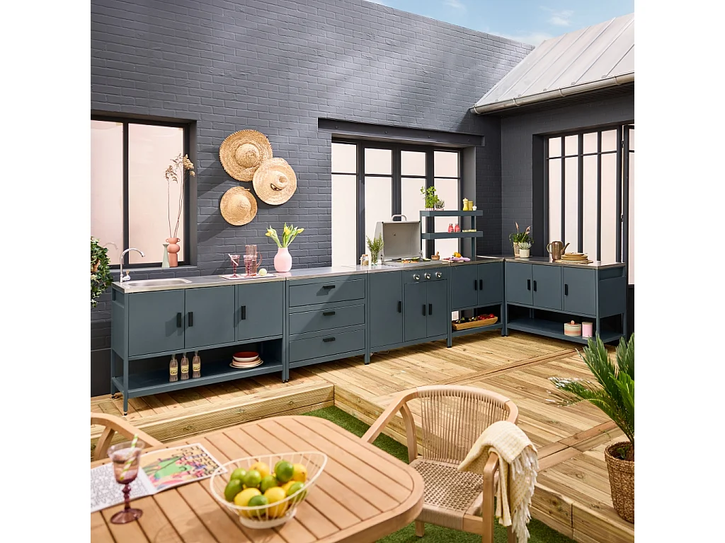 Cocina exterior 6 módulos de acero inoxidable con barbacoa de gas azul