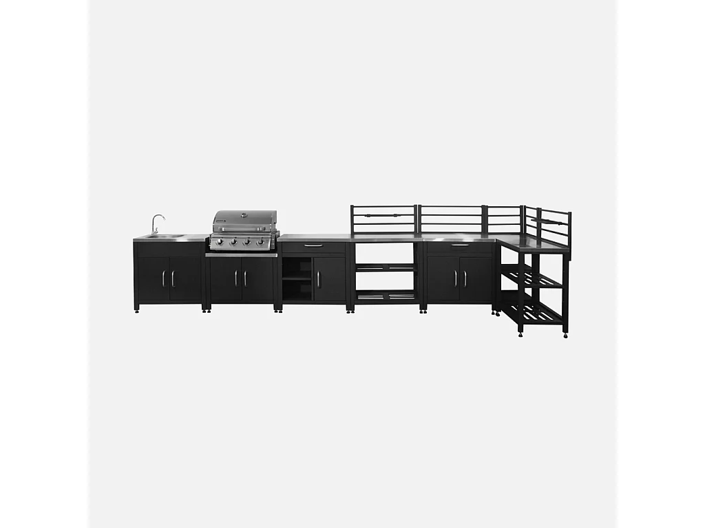 Ensemble de meubles de cuisine extérieure en acier inoxydable 7 modules avec barbecue au gaz 4 brûleurs et housse de protection