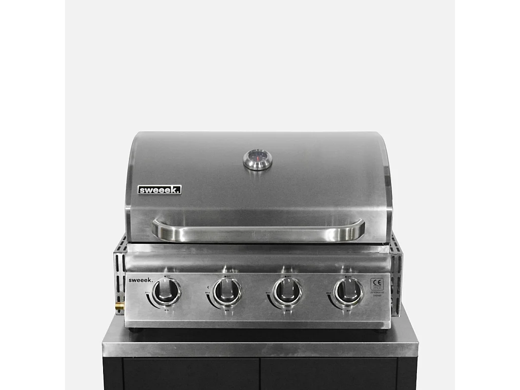Ensemble de meubles de cuisine extérieure en acier inoxydable 7 modules avec barbecue au gaz 4 brûleurs et housse de protection