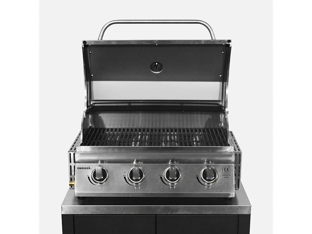 Ensemble de meubles de cuisine extérieure en acier inoxydable 7 modules avec barbecue au gaz 4 brûleurs et housse de protection