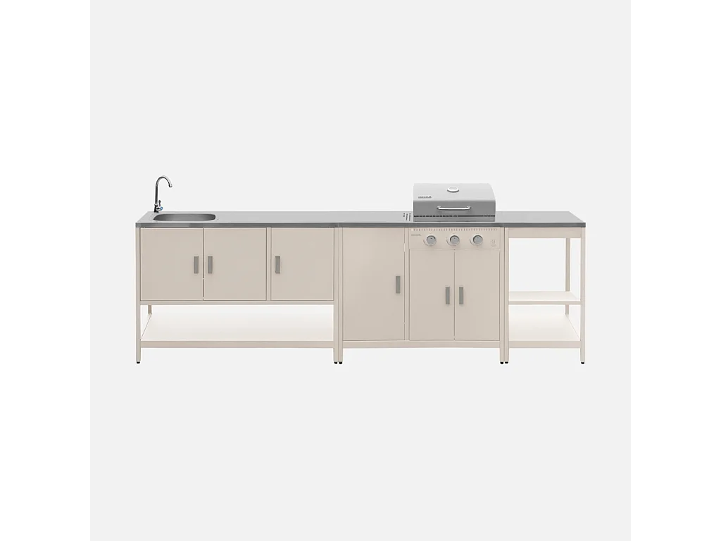 Cocina exterior 3 módulos de acero inoxidable con barbacoa gas beige