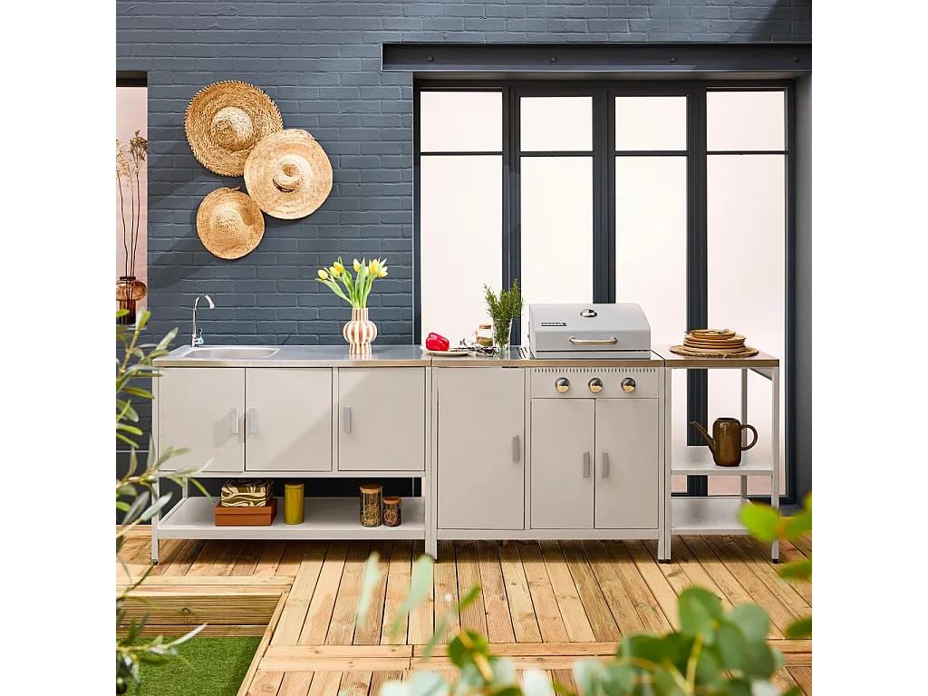 Cocina exterior 3 módulos de acero inoxidable con barbacoa gas beige