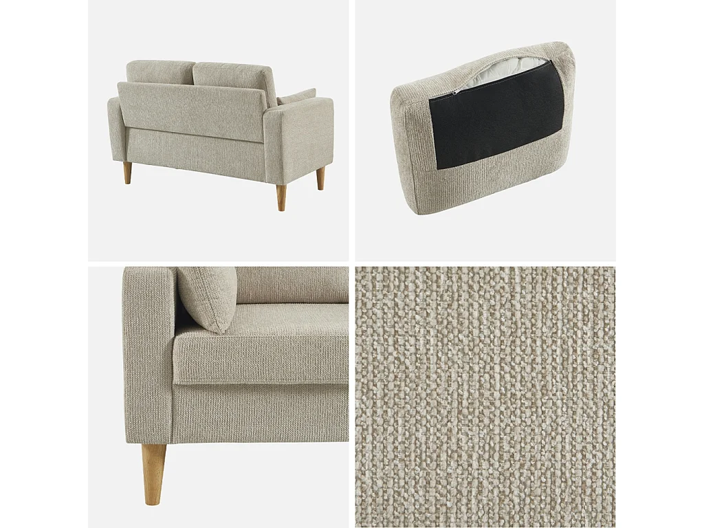 Divano in legno di hevea e ciniglia, 2 posti, beige