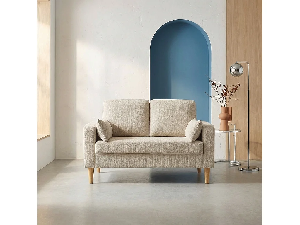 Divano in legno di hevea e ciniglia, 2 posti, beige