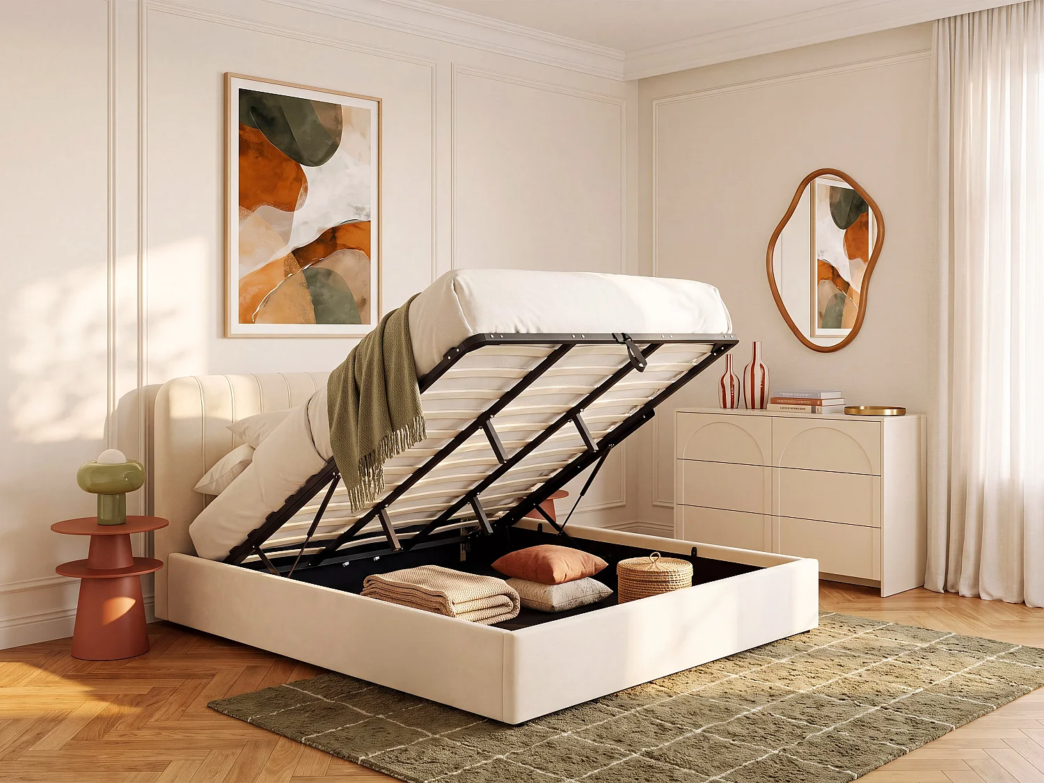 Lit coffre 180 x 200 cm - Tissu effet velours - Beige - SORYLA