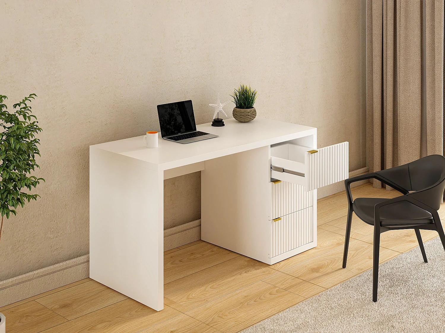 Bureau avec 3 tiroirs - Blanc - MABELI