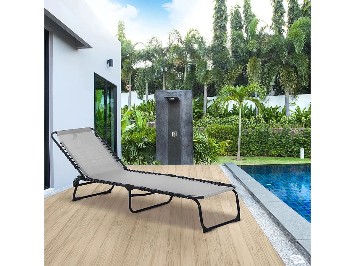 Transat Chaise longue pliante Bain de soleil coloris Gris clair avec coussin - Longueur 188 x Profondeur 55 x Hauteur 30 cm