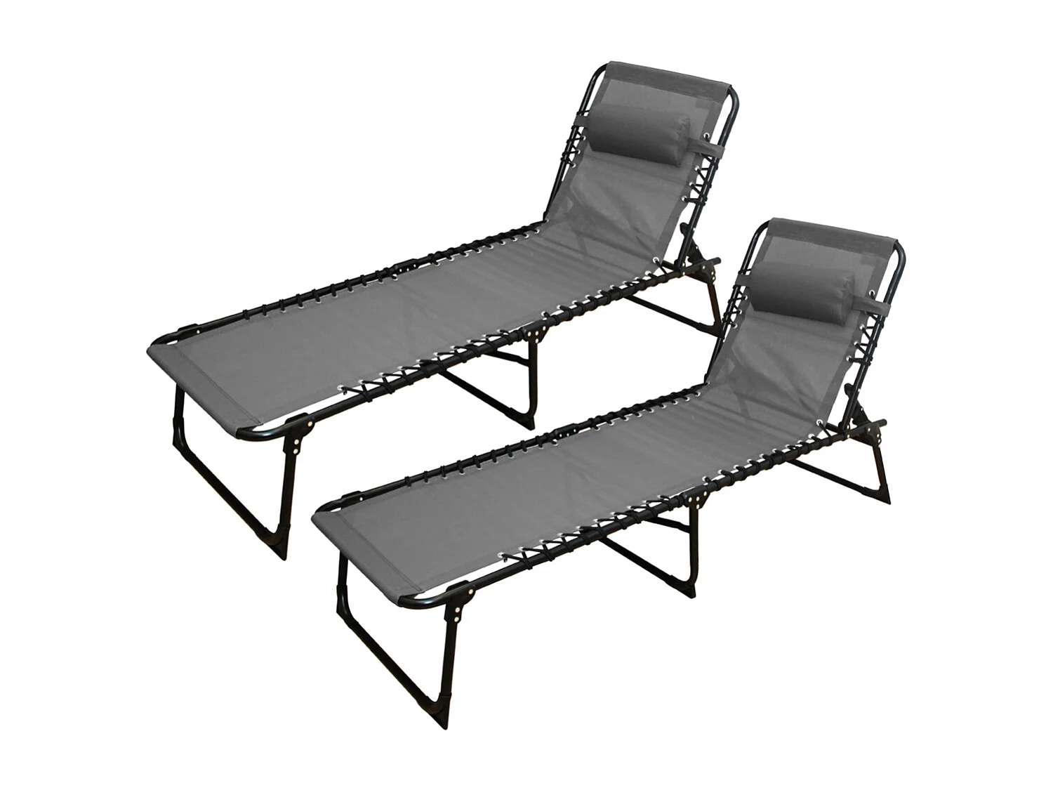 Lot de 2 Transat Chaise longue pliante Bain de soleil coloris Gris foncé avec coussin - Longueur 188 x Profondeur 55 x Hauteur 30 cm