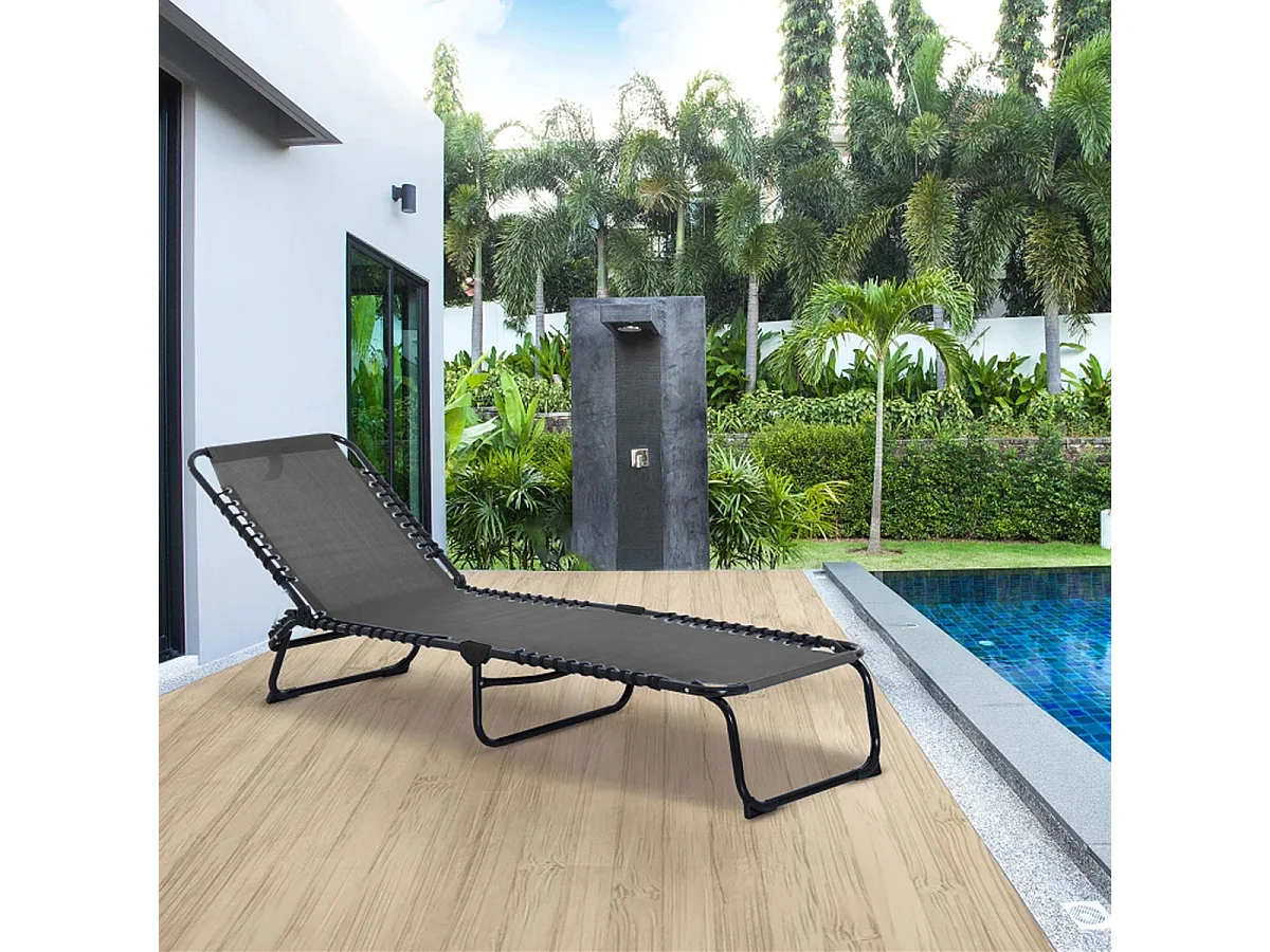 Lot de 2 Transat Chaise longue pliante Bain de soleil coloris Gris foncé avec coussin - Longueur 188 x Profondeur 55 x Hauteur 30 cm
