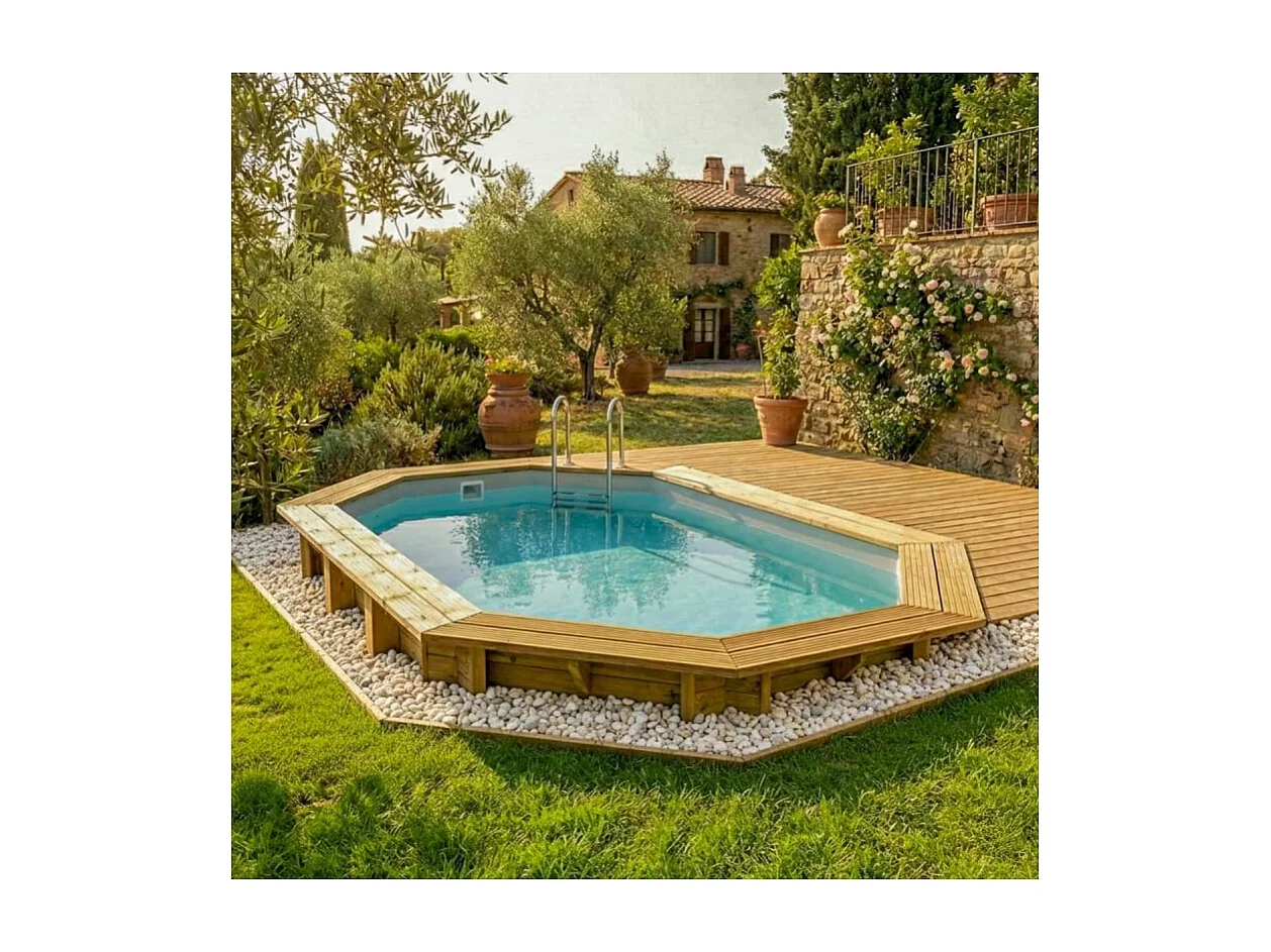 Piscina in legno NEMO 4.3 x 3 - H.1.31 m, grigio, con supporti fissati al calcestruzzo - BAS7303OSPL2 - ALTANKA