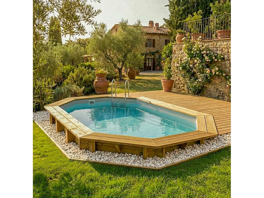 Piscina in legno NEMO 4.3 x 3 - H.1.31 m, grigio, con supporti fissati al calcestruzzo - BAS7303OSPL2 - ALTANKA
