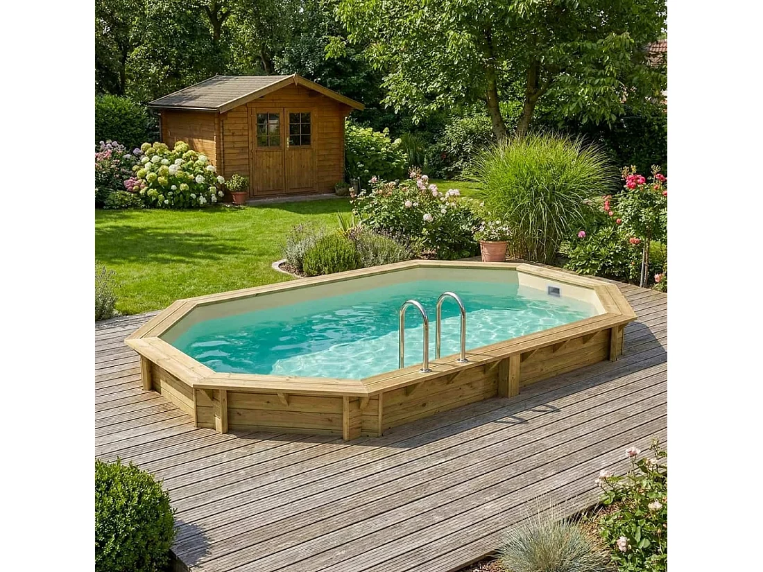 Piscina in legno NEMO 5.79 x 3.49 - H.1.45 m, sabbia, con supporti fissati al calcestruzzo - BAS7304OSPL3 - ALTANKA