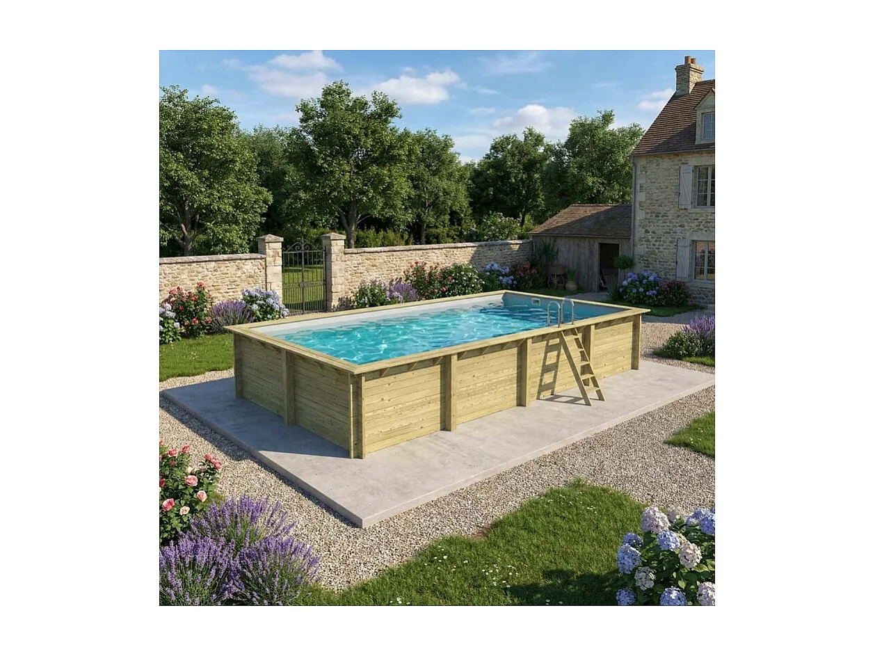 Piscina in legno AQUA 8.5 x 4.35 - H.1.45 m, grigio, con supporti fissati al calcestruzzo - BAS7309OSPL2 - ALTANKA