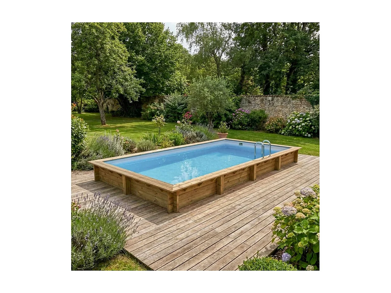 Piscina in legno AQUA 8.5 x 4.35 - H.1.45 m, grigio, con supporti fissati al calcestruzzo - BAS7309OSPL2 - ALTANKA